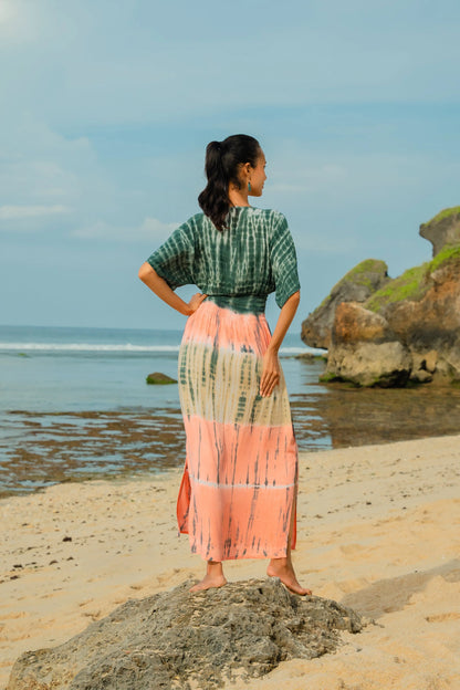 Colorful tie dye maxi dress by Suzie Blue Canada, featuring a flowing silhouette and comfortable fabric for versatile style.