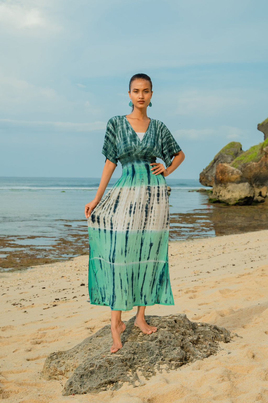 Tie Dye Stripe Maxi Dress - Turquoise & Grey - Shopthatapp.ca