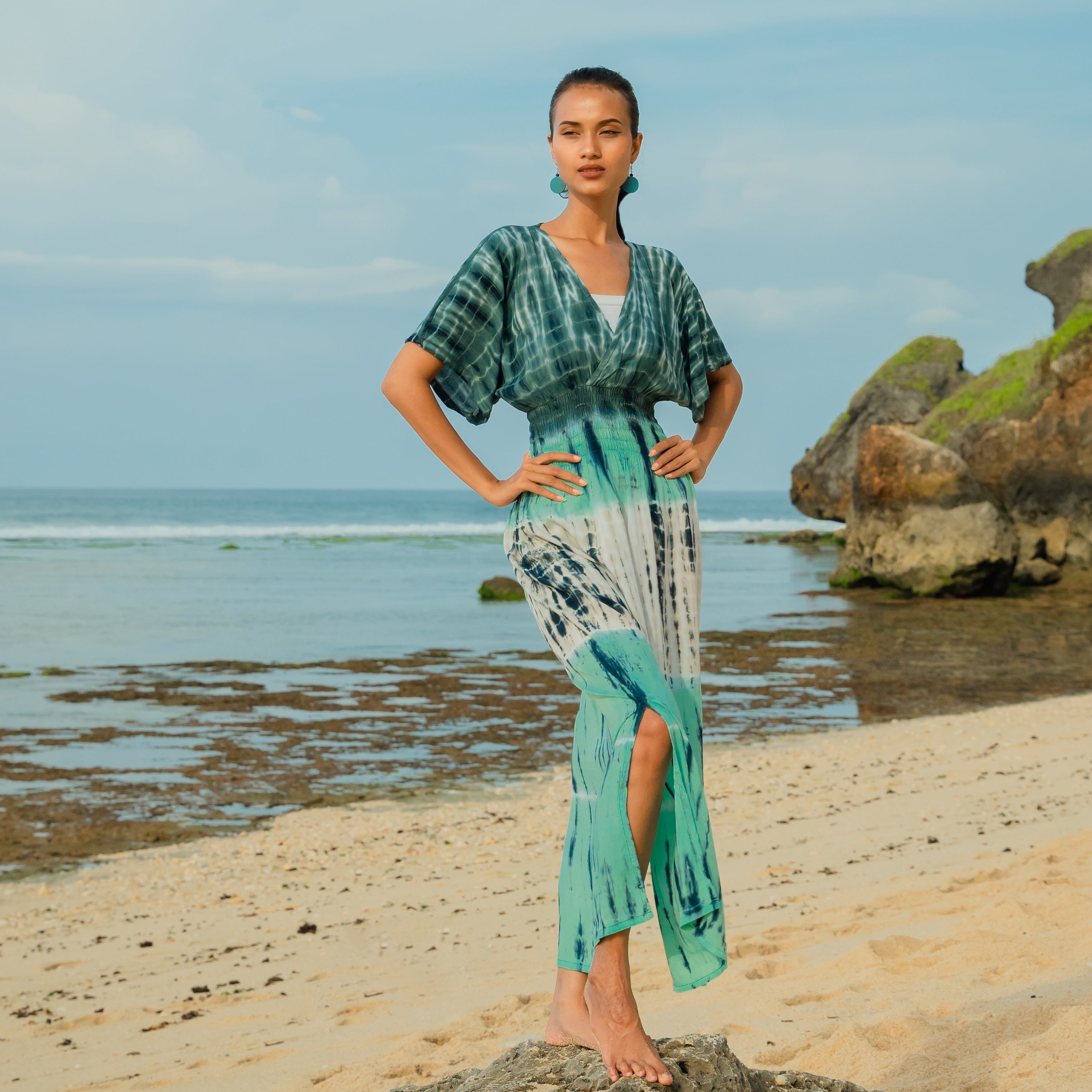 Tie Dye Stripe Maxi Dress - Turquoise & Grey - Shopthatapp.ca