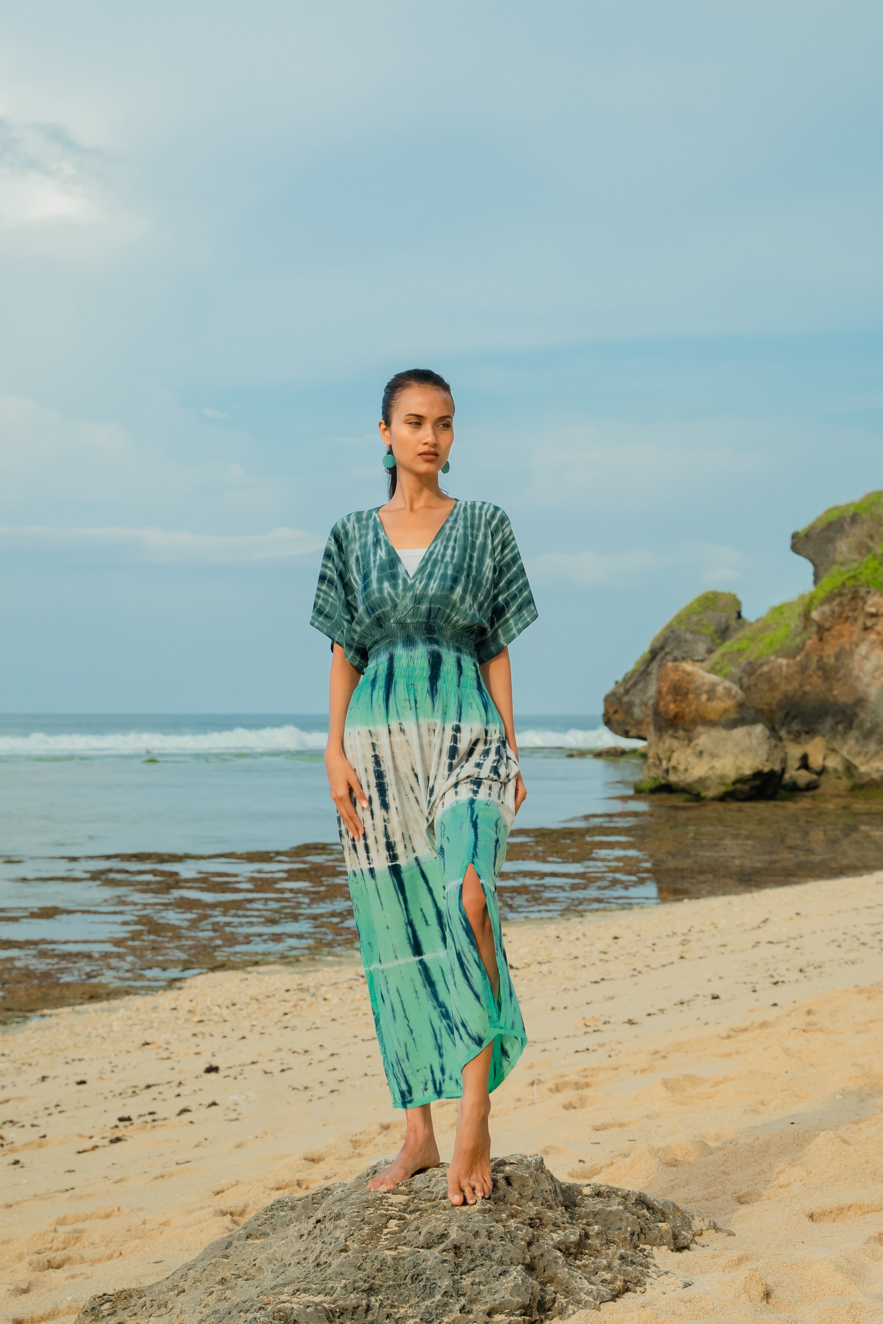 Tie Dye Stripe Maxi Dress - Turquoise & Grey - Shopthatapp.ca
