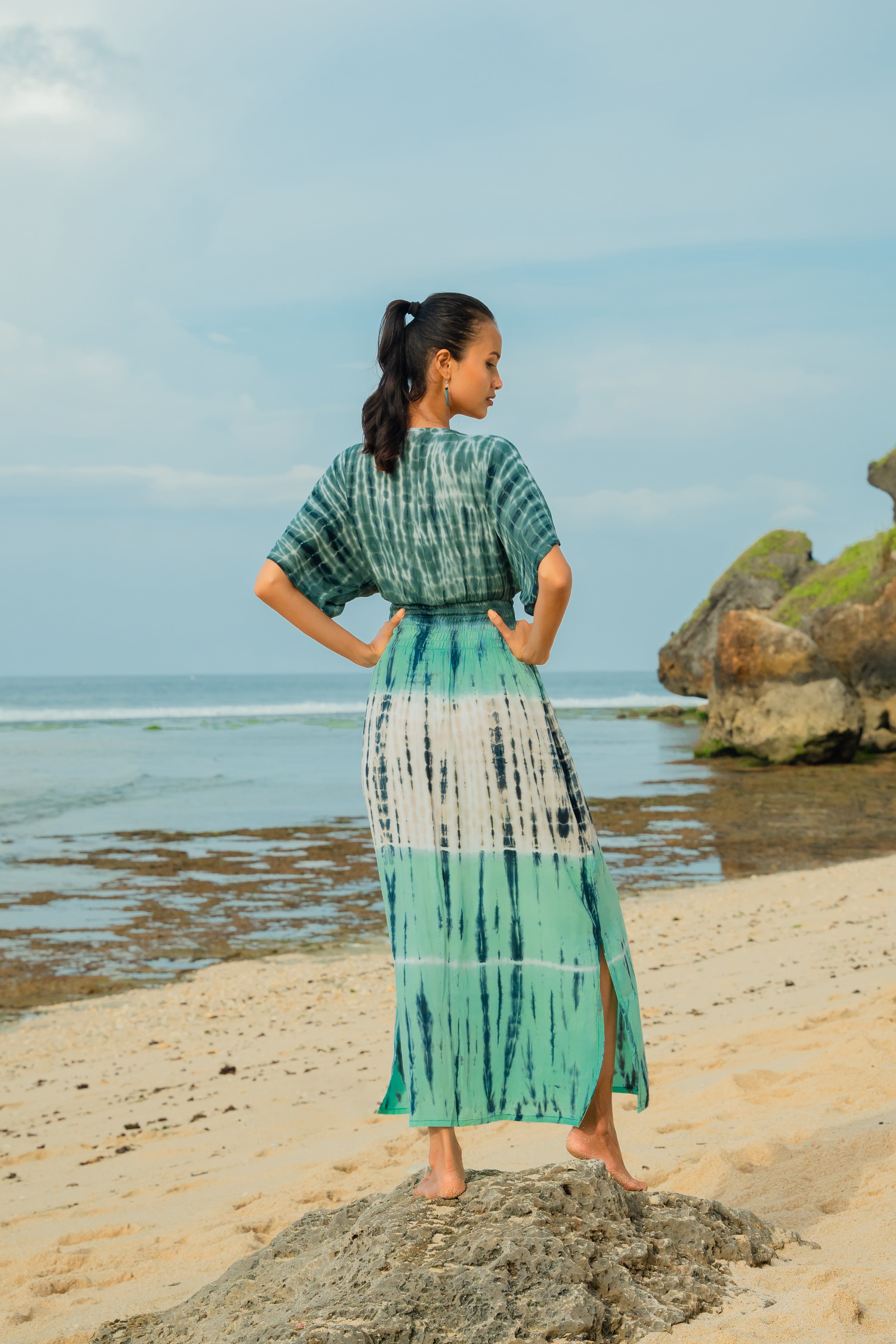 Tie Dye Stripe Maxi Dress - Turquoise & Grey - Shopthatapp.ca