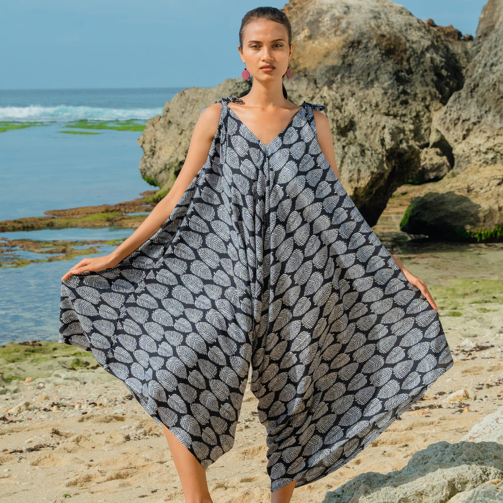 Leaf Print Romper - Black & White - Shopthatapp.ca