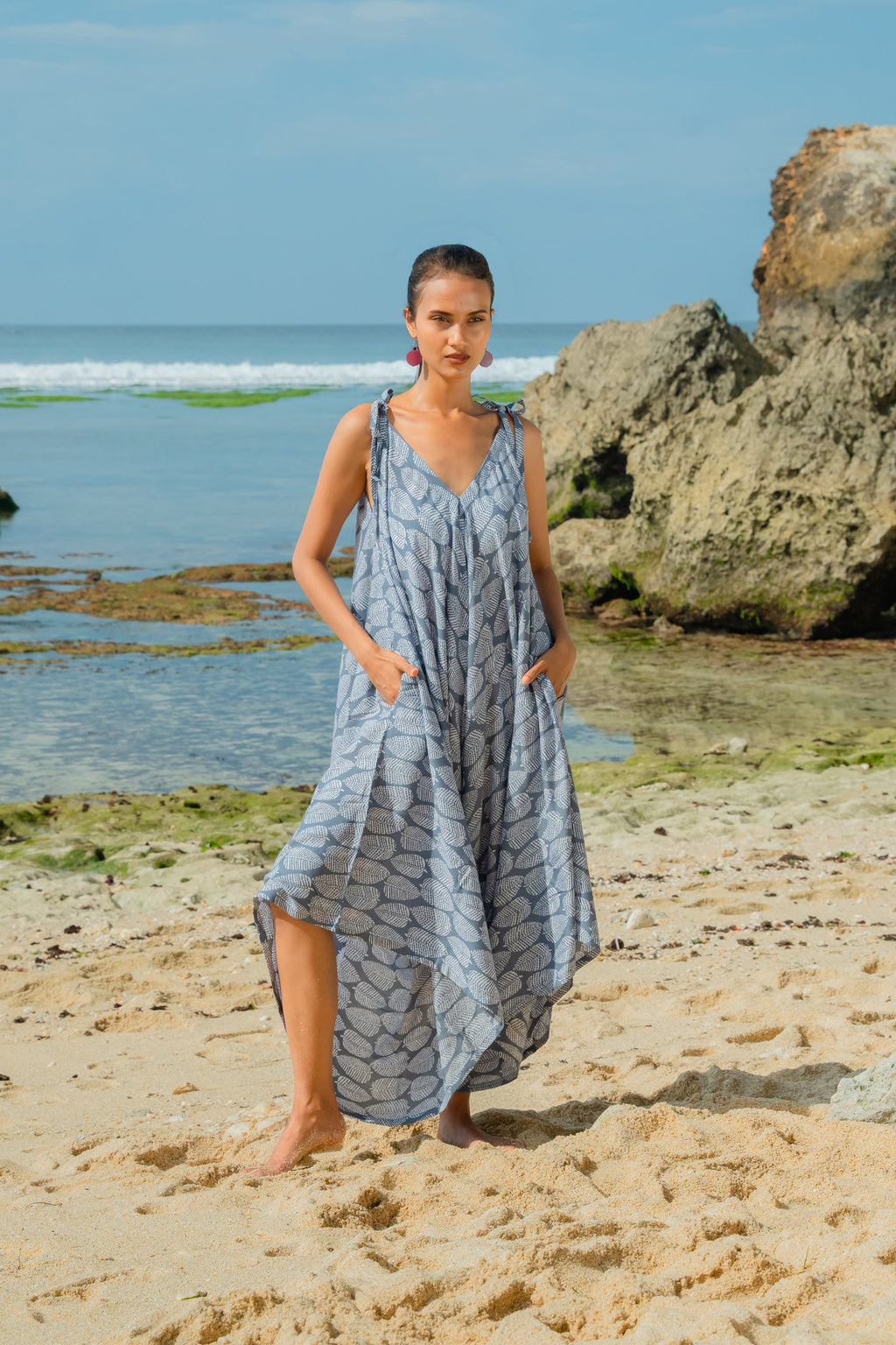 Leaf Print Romper - Grey & White - Shopthatapp.ca