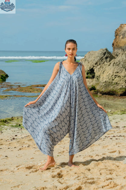 Grey and white leaf print romper by Suzie Blue Canada, featuring a stylish and comfortable one-piece design for women.