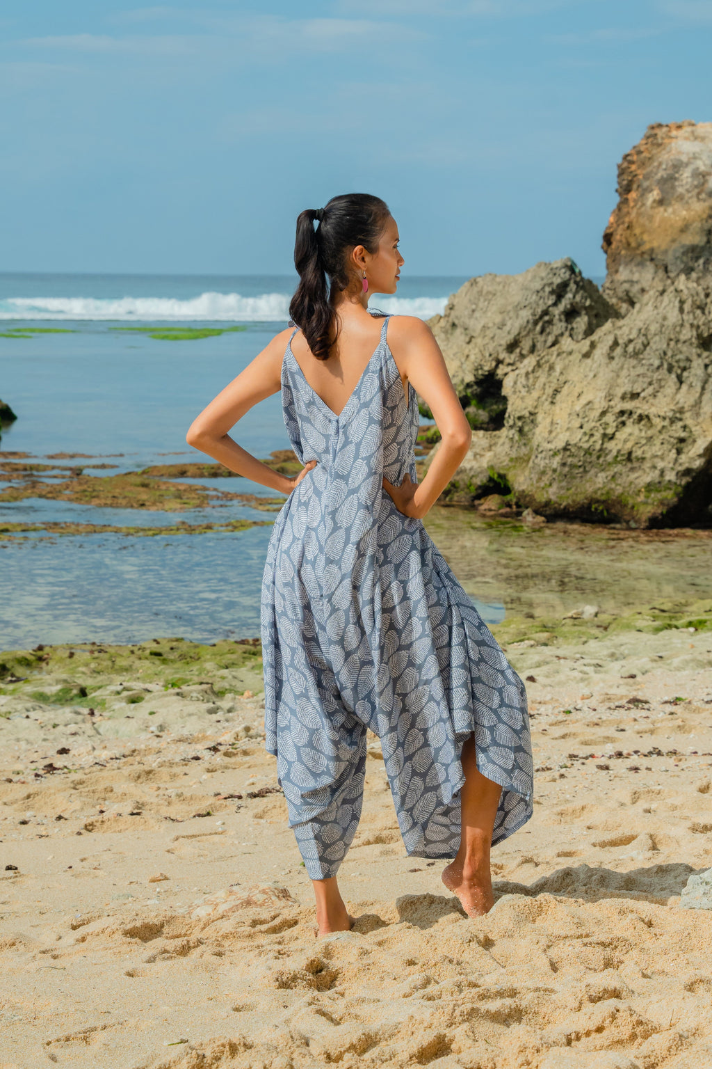 Leaf Print Romper - Grey & White - Shopthatapp.ca