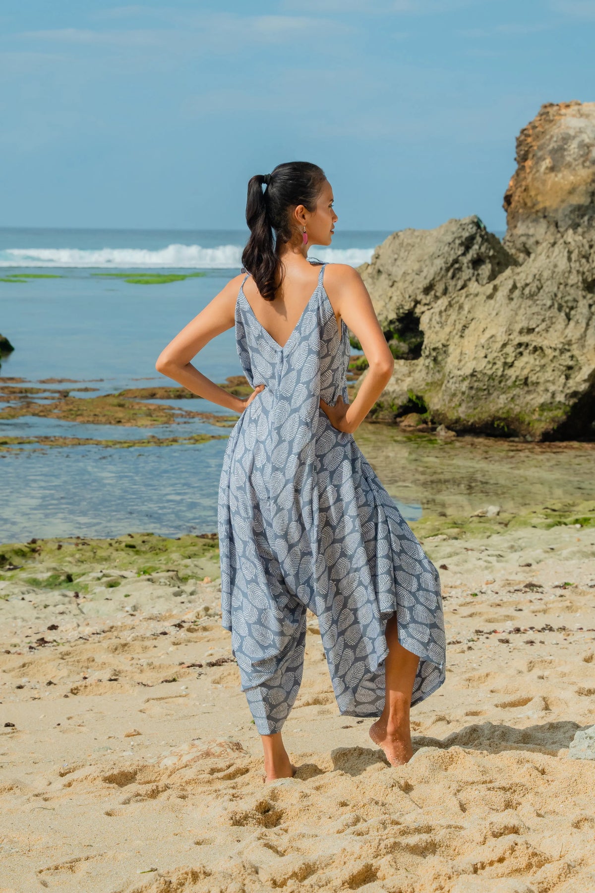 Grey and white leaf print romper by Suzie Blue Canada, stylish and comfortable one-piece outfit for women.