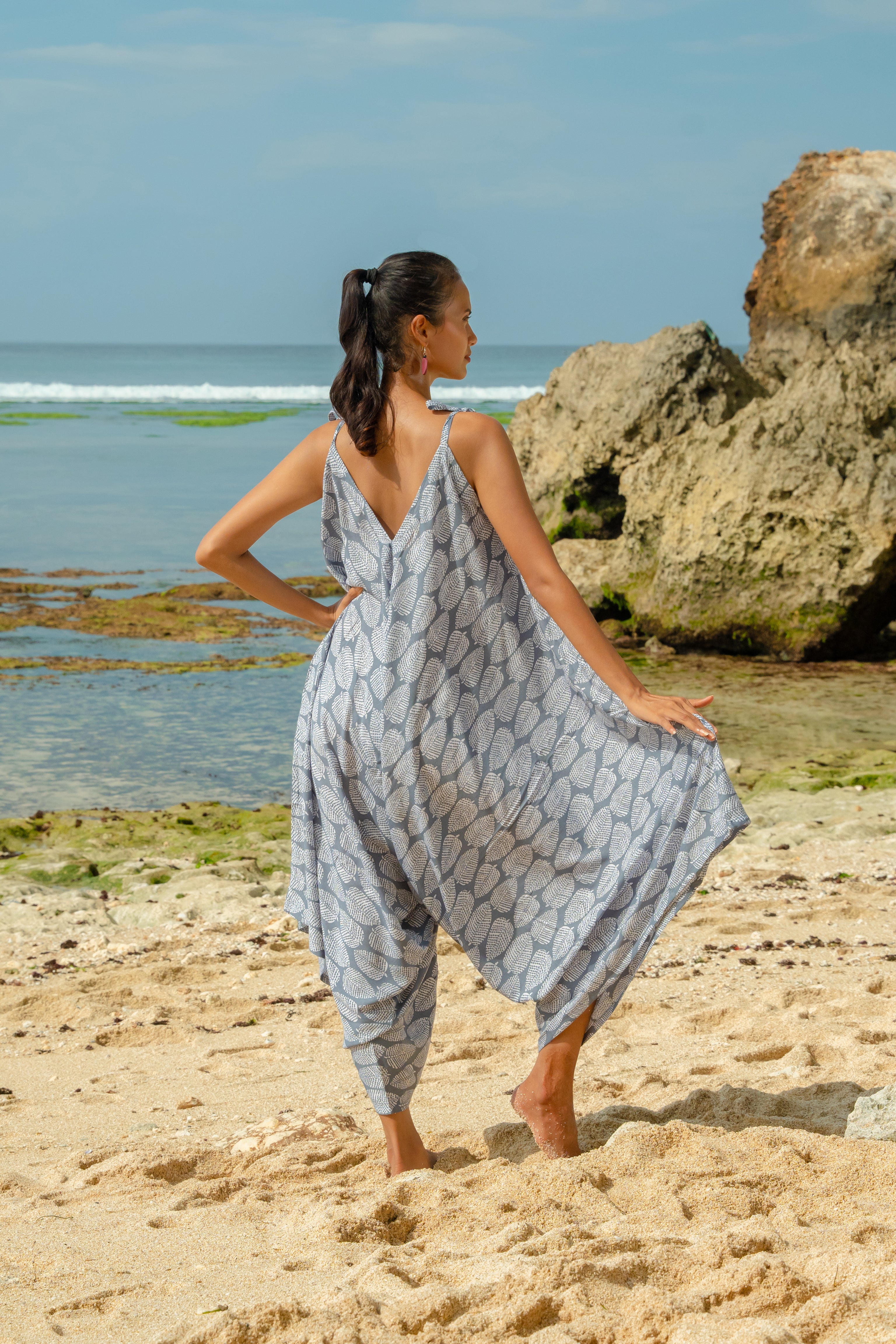 Leaf Print Romper - Grey & White - Shopthatapp.ca