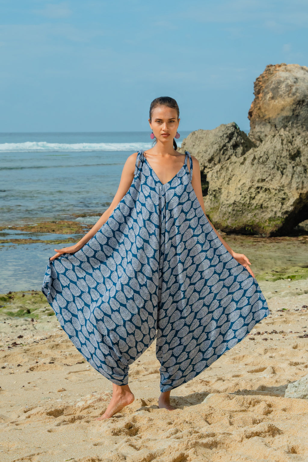 Leaf Print Romper Navy White - Trendy Summer Playful Outfit - Shopthatapp.ca