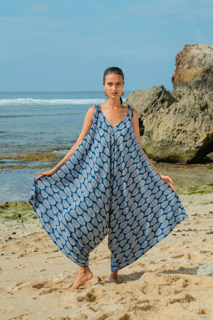 Navy and white leaf print romper by Suzie Blue Canada, a playful summer outfit perfect for warm weather.