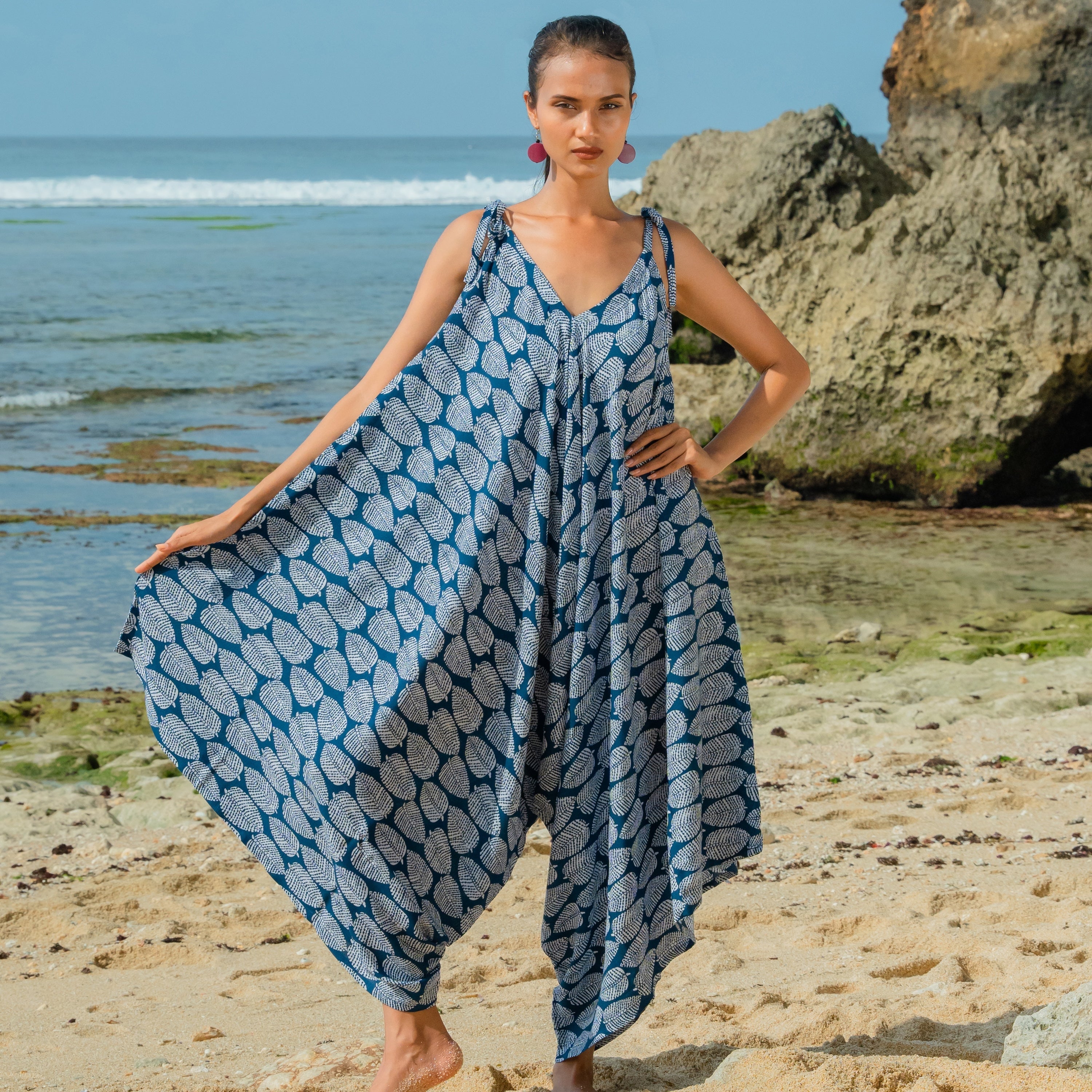 Leaf Print Romper Navy White - Trendy Summer Playful Outfit - Shopthatapp.ca