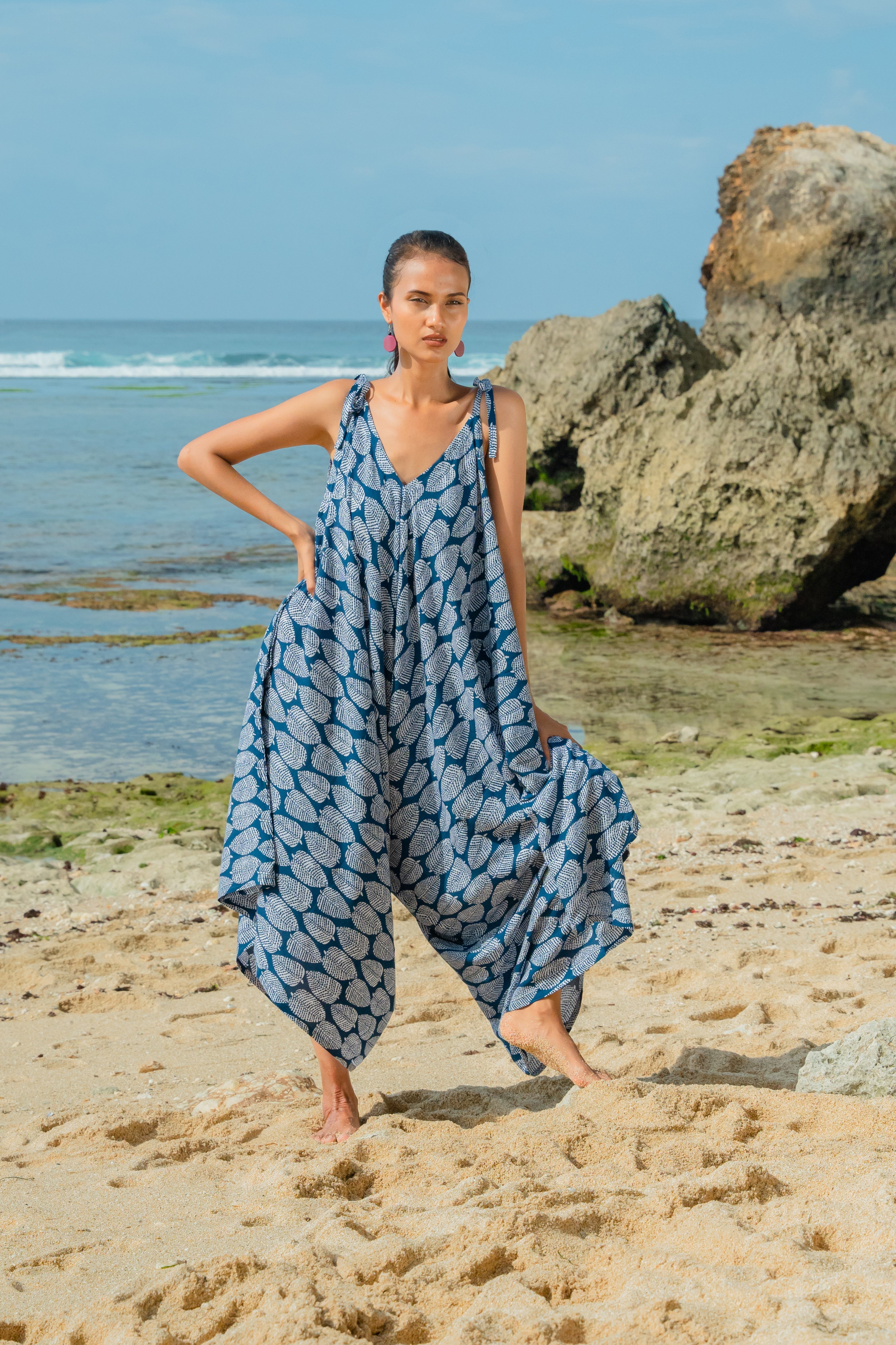 Leaf Print Romper Navy White - Trendy Summer Playful Outfit - Shopthatapp.ca