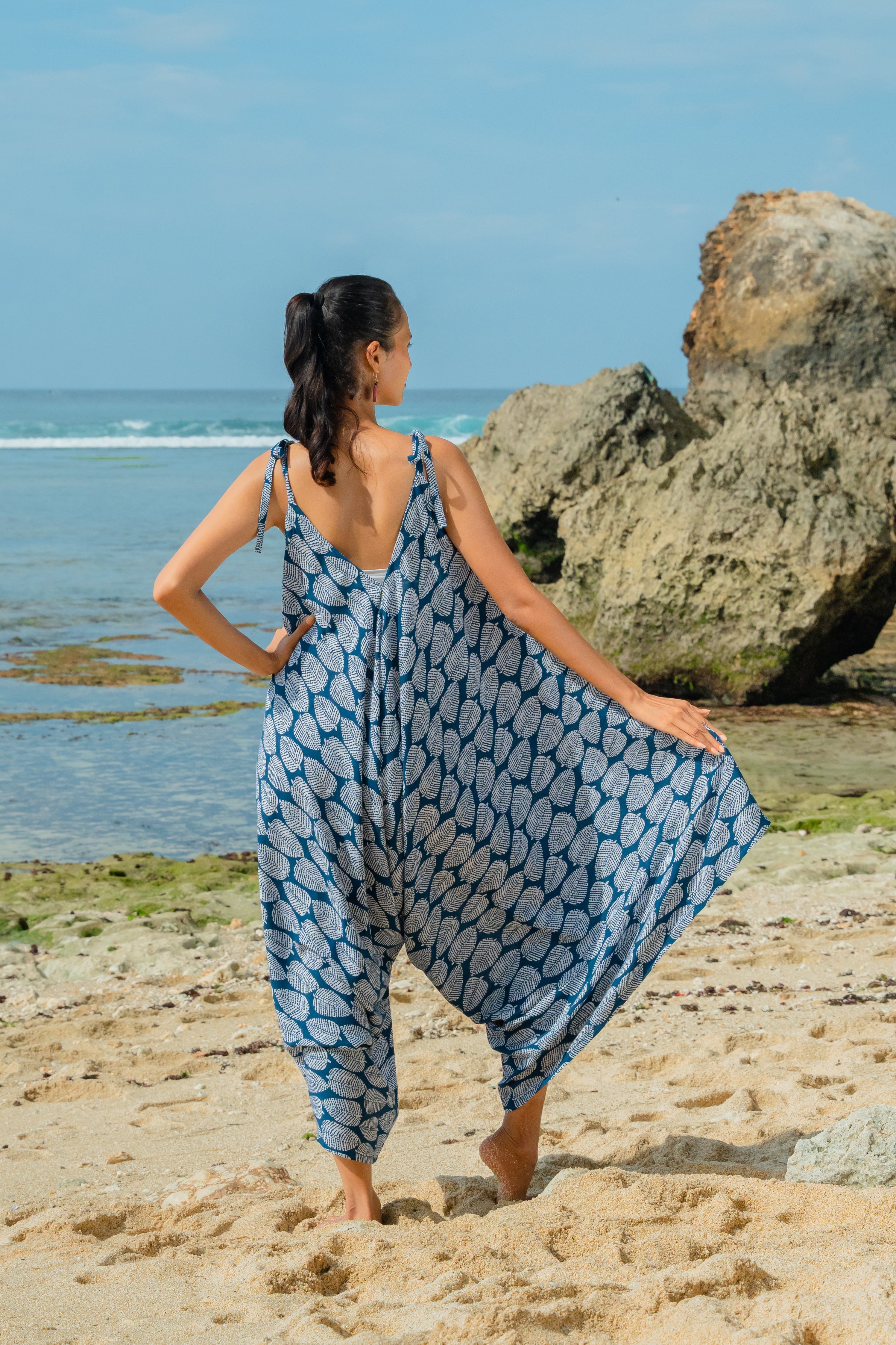 Leaf Print Romper Navy White - Trendy Summer Playful Outfit - Shopthatapp.ca