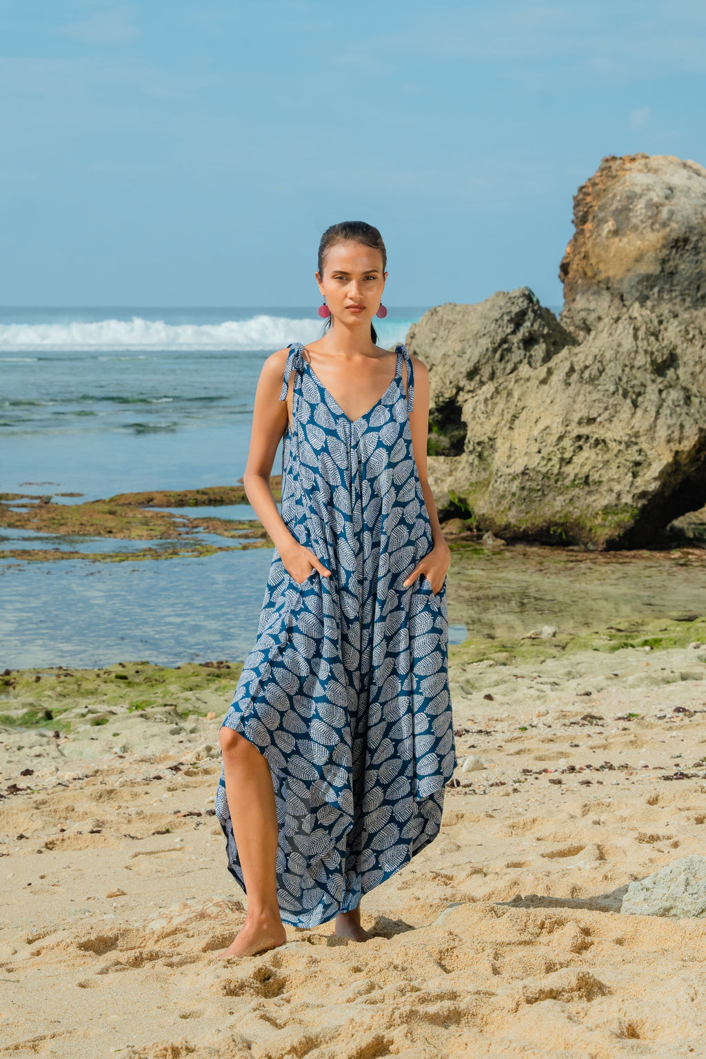 Leaf Print Romper Navy White - Trendy Summer Playful Outfit - Shopthatapp.ca