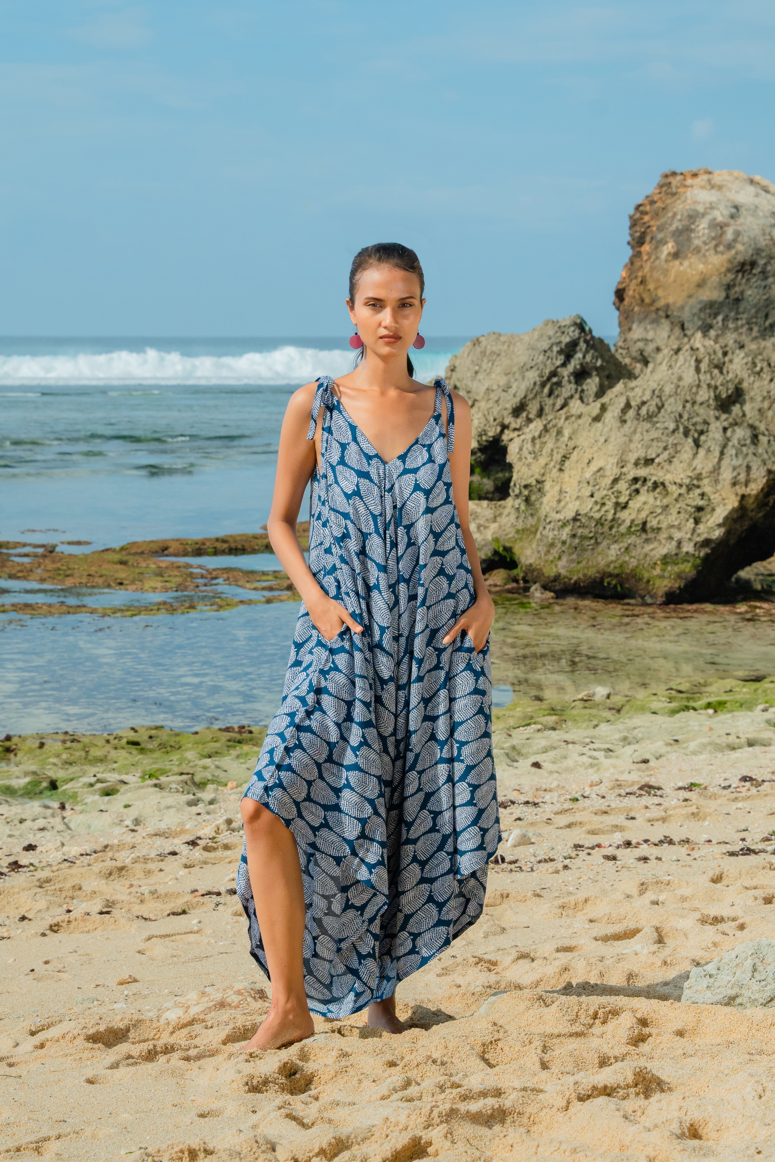Leaf Print Romper Navy White - Trendy Summer Playful Outfit - Shopthatapp.ca