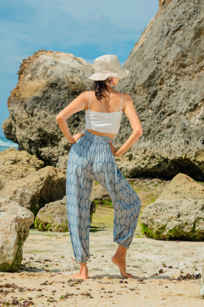 Grey and white leaf print Bali pants by Suzie Blue Canada, featuring relaxed fit and lightweight fabric for casual wear.