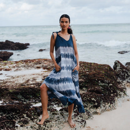 Gray monochrome striped dress by Suzie Blue Canada featuring a relaxed fit and stylish design, perfect for casual wear.
