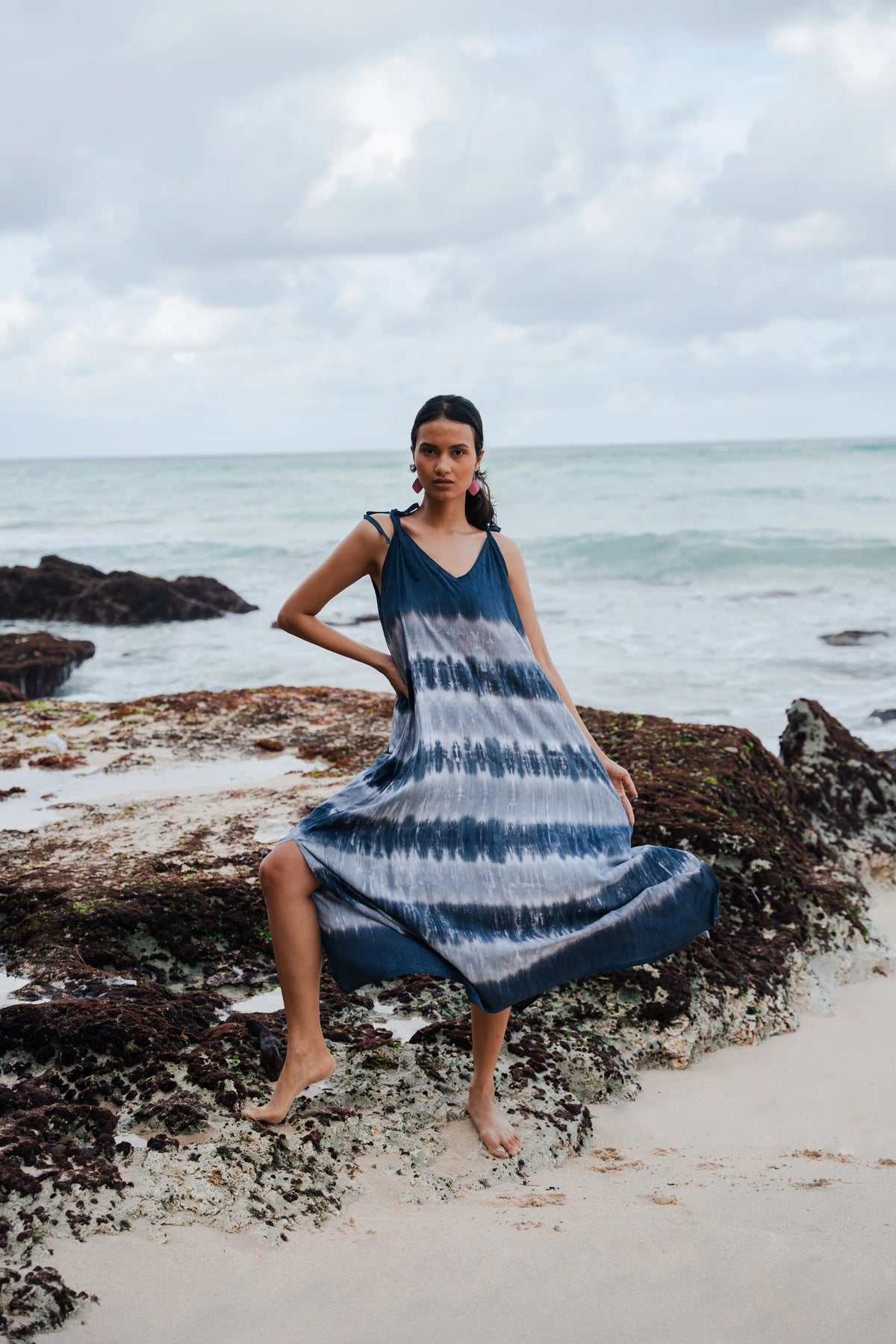 Gray stripey dress by Suzie Blue Canada, featuring a monochrome striped pattern and casual, effortless style.