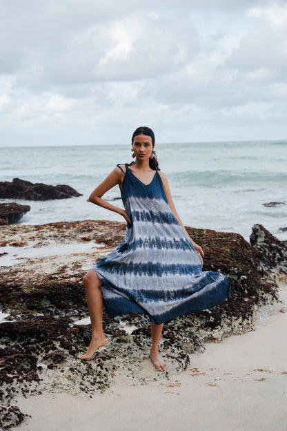 Gray stripey dress by Suzie Blue Canada, featuring a monochrome striped pattern and casual, effortless style.
