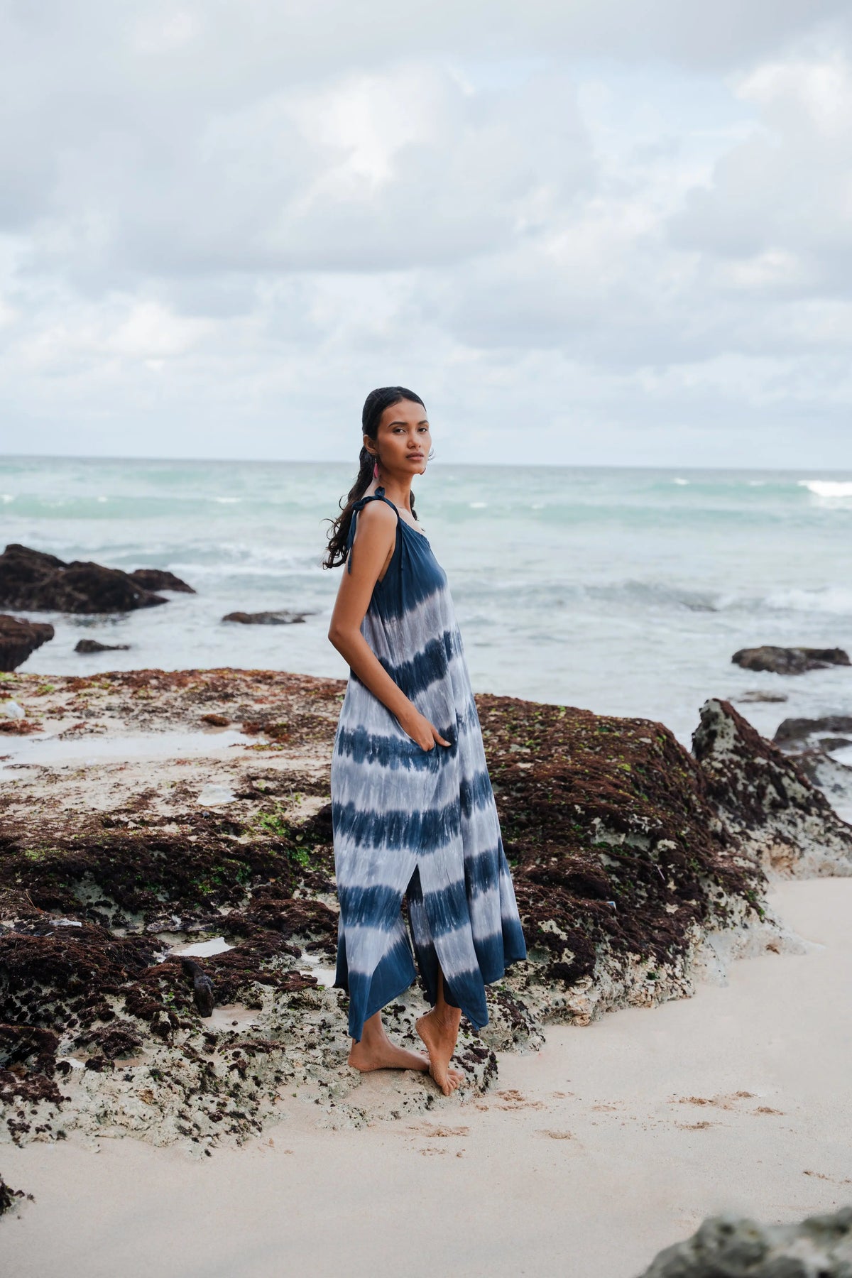 Gray striped dress by Suzie Blue Canada featuring a monochrome pattern, casual fit, and stylish design for effortless everyday wear.