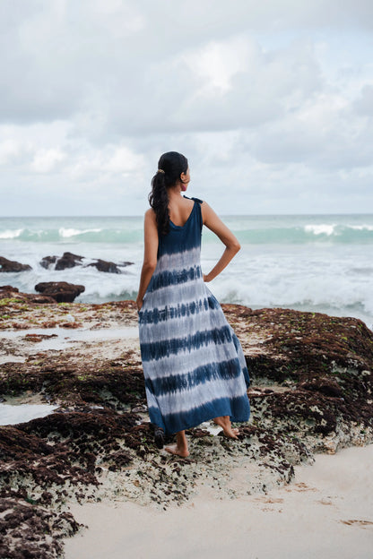 Gray stripey dress by Suzie Blue Canada featuring monochrome horizontal stripes and a casual, stylish fit.