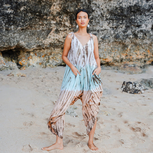 Tie dye lapis ombre romper by Suzie Blue Canada in mint and brown, featuring a relaxed, sleeveless design perfect for summer.