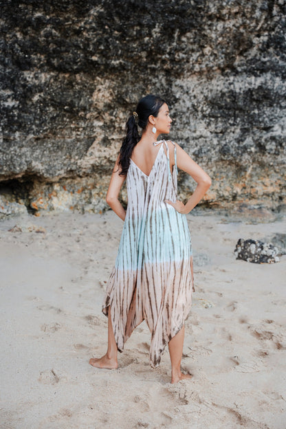 Tie dye Lapis Ombre romper in mint and brown by Suzie Blue Canada, featuring a stylish, casual design perfect for warm weather.