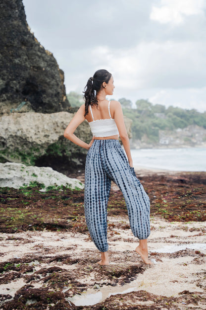 Grey Simple Bone Tie Dye Bali Pants by Suzie Blue Canada, featuring relaxed fit and boho style fabric.