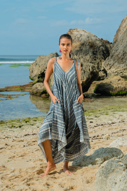 Grey and white tie dye romper for women by Suzie Blue Canada, casual and comfortable, shown on a model.