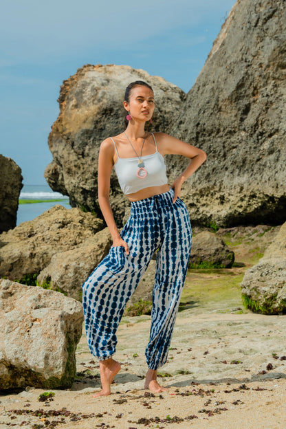 Navy and white tie-dye Bali pants by Suzie Blue Canada featuring a relaxed, bohemian style with an elastic waistband.