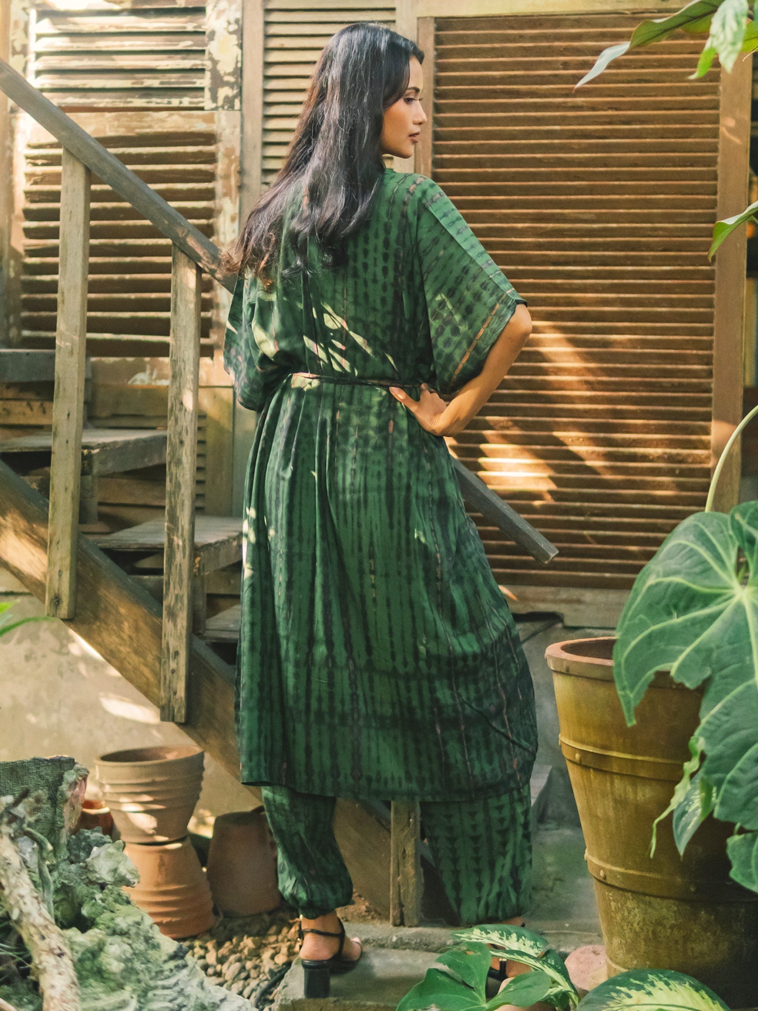 Tie Dye Kimono Green Gold - Stylish Long Kimono for Every Occasion - Shopthatapp.ca