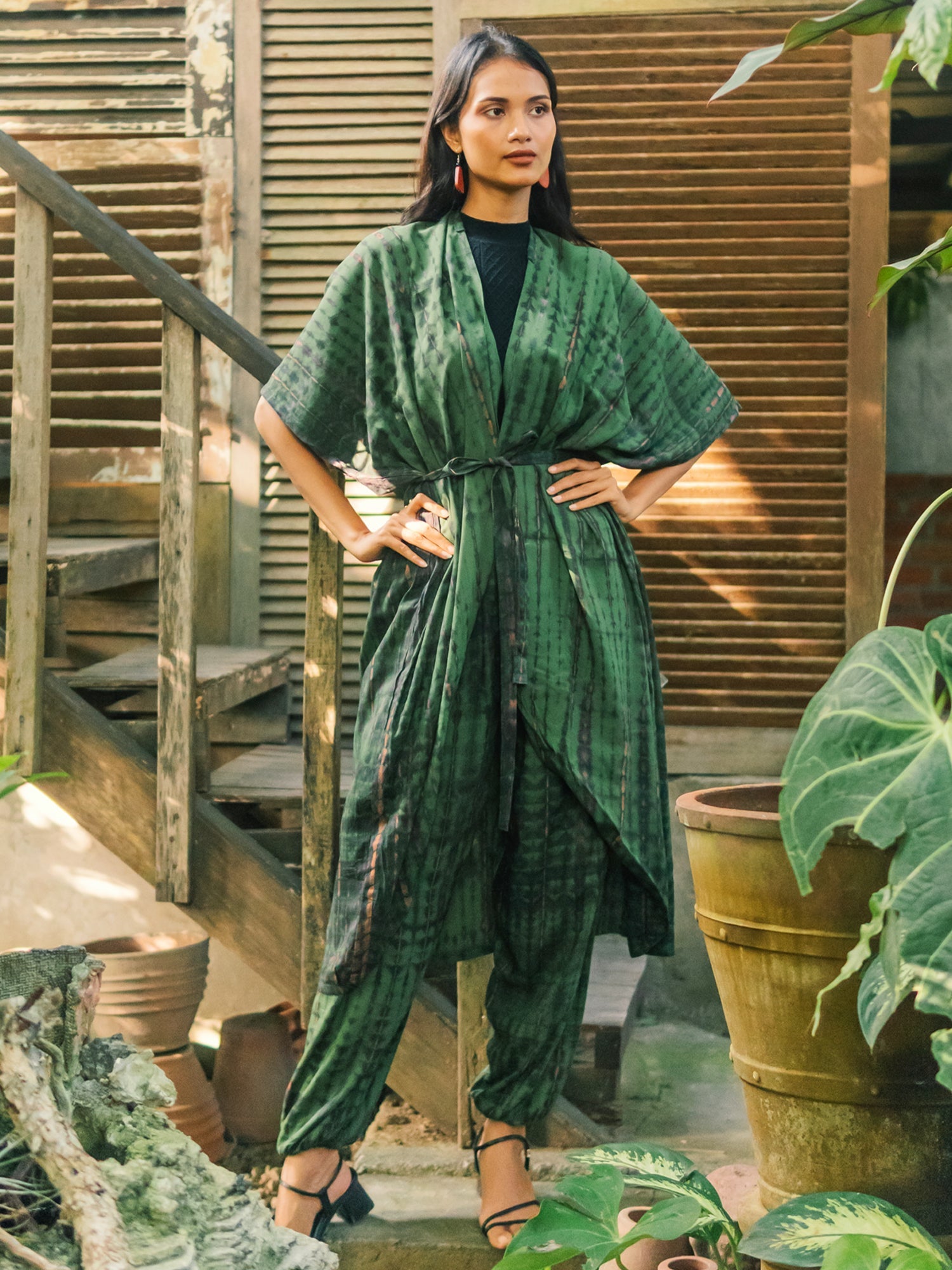 Tie Dye Kimono Green Gold - Stylish Long Kimono for Every Occasion - Shopthatapp.ca