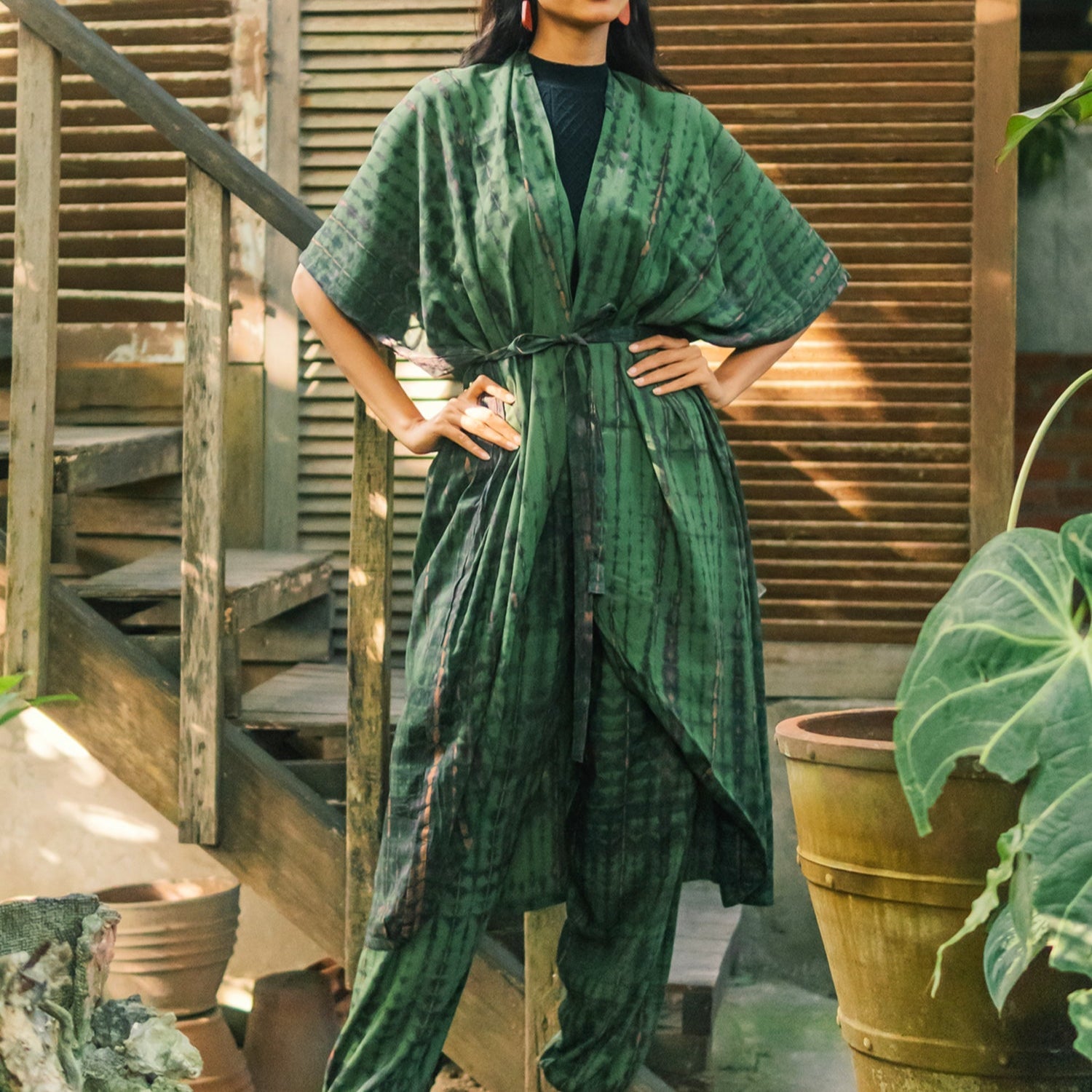 Tie Dye Kimono Green Gold - Stylish Long Kimono for Every Occasion - Shopthatapp.ca