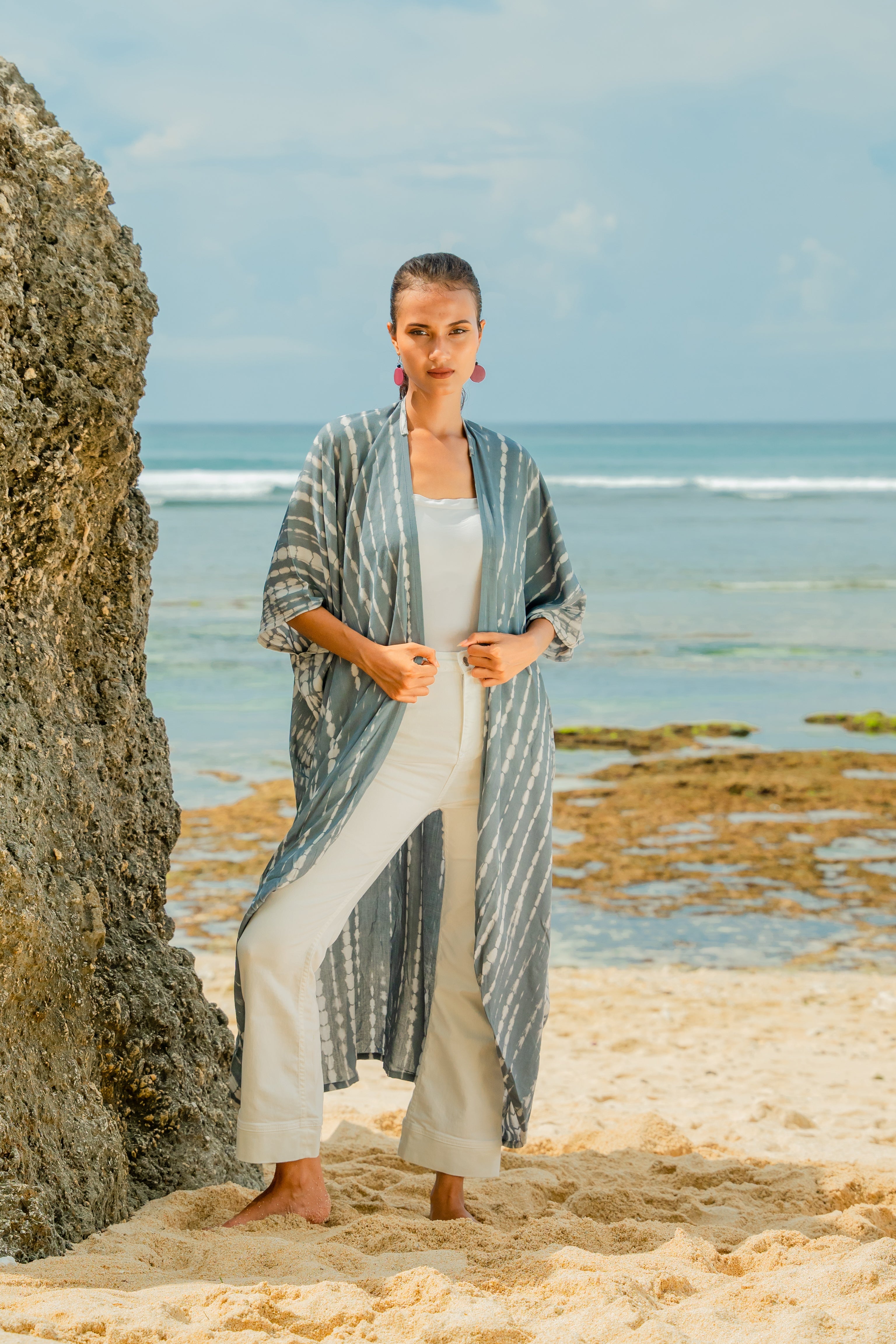 Bone Tie Dye Kimono - Grey & White - Shopthatapp.ca