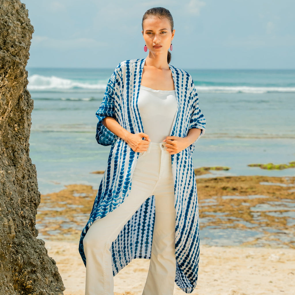 Bone Tie Dye Kimono- Navy & White - Shopthatapp.ca