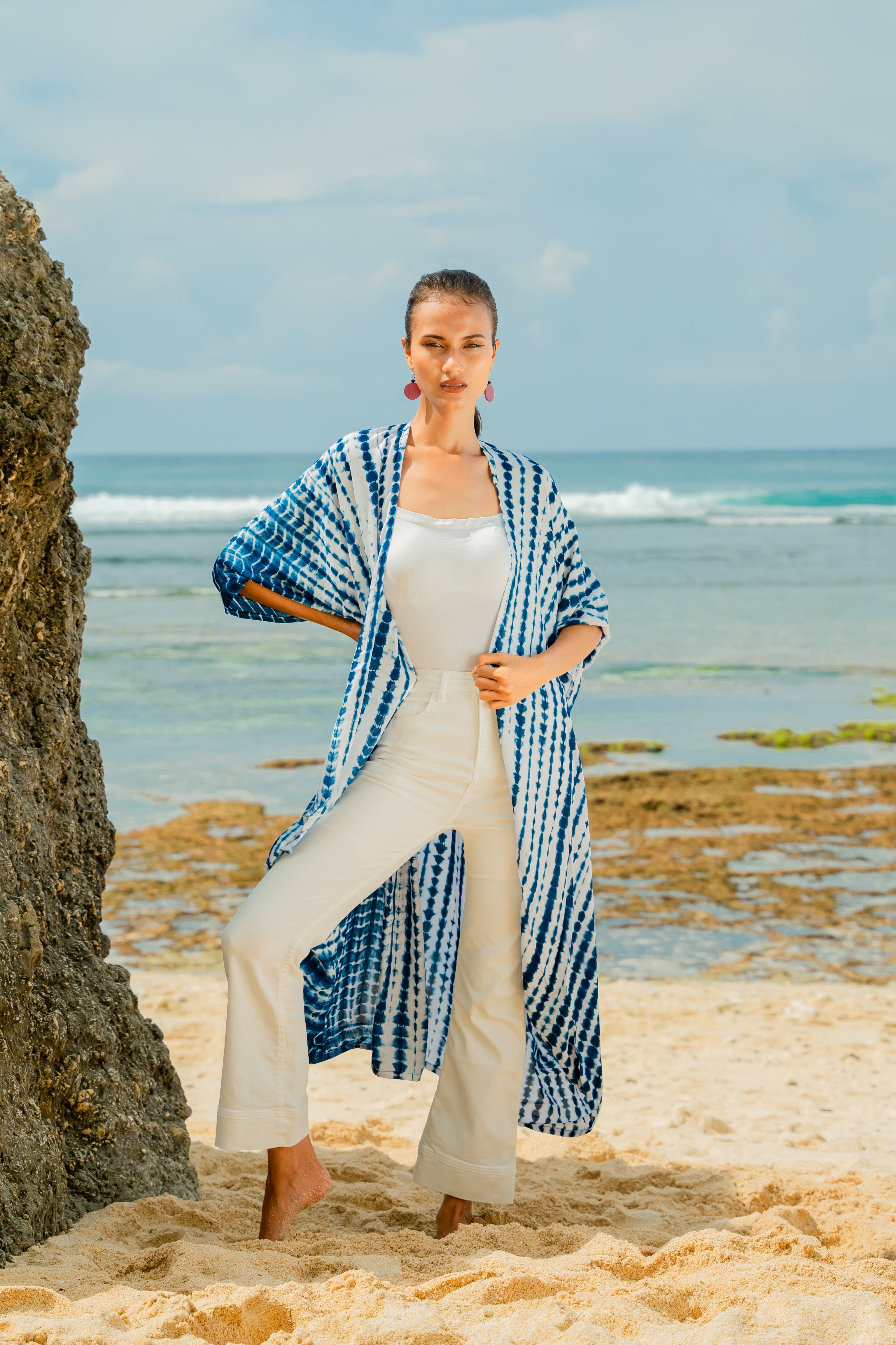 Bone Tie Dye Kimono- Navy & White - Shopthatapp.ca