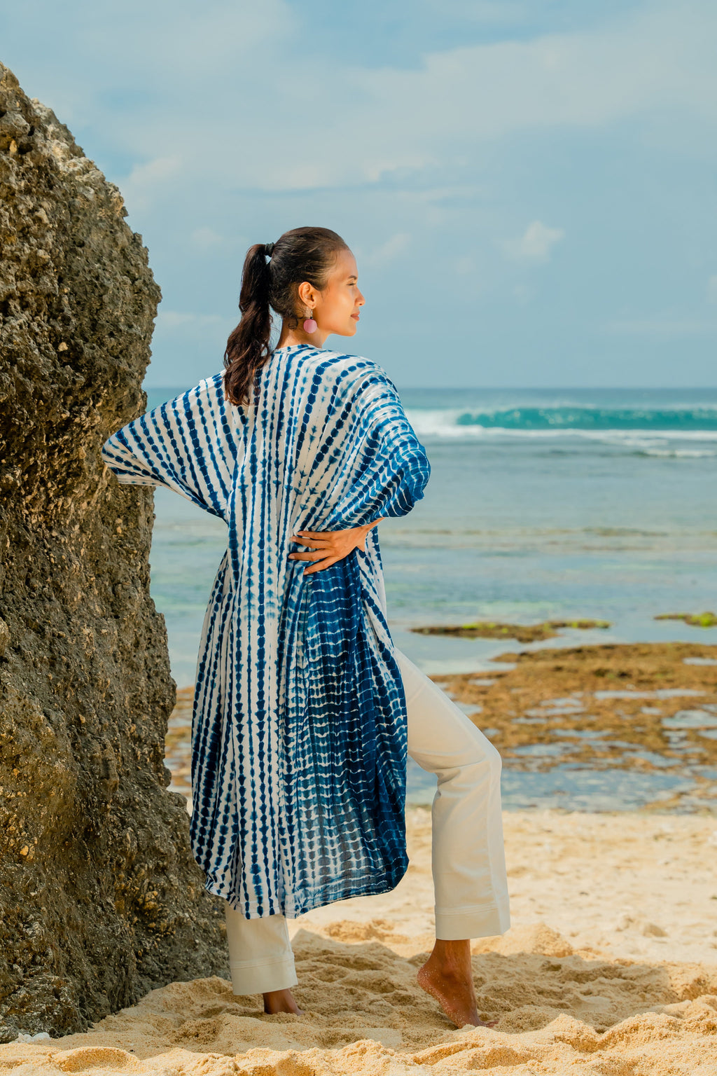 Bone Tie Dye Kimono- Navy & White - Shopthatapp.ca