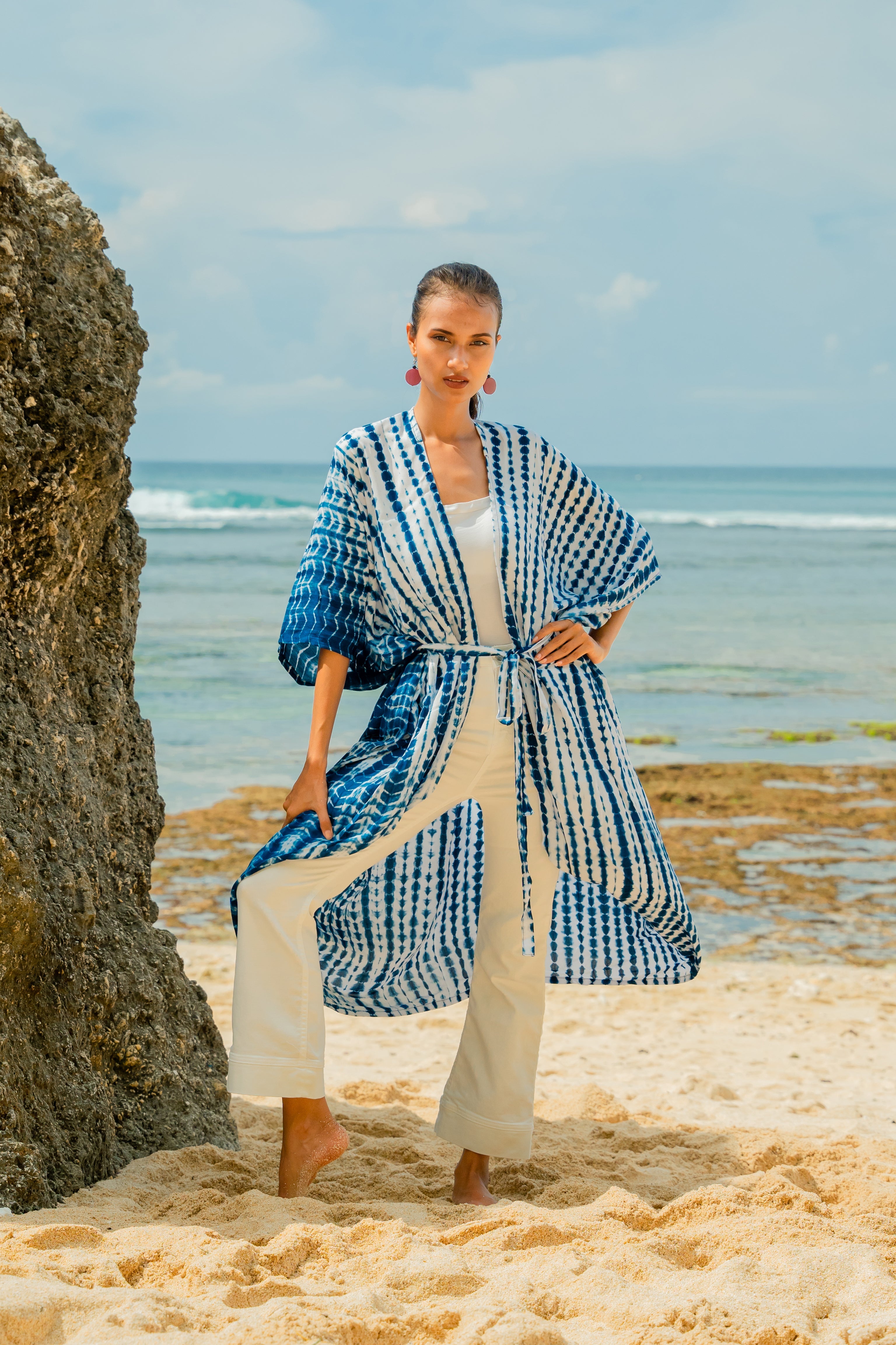 Bone Tie Dye Kimono- Navy & White - Shopthatapp.ca
