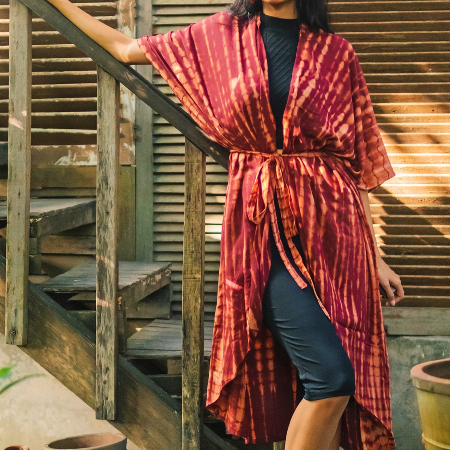 Tie Dye Kimono Maroon Gold for Effortless Bohemian Style - Shopthatapp.ca