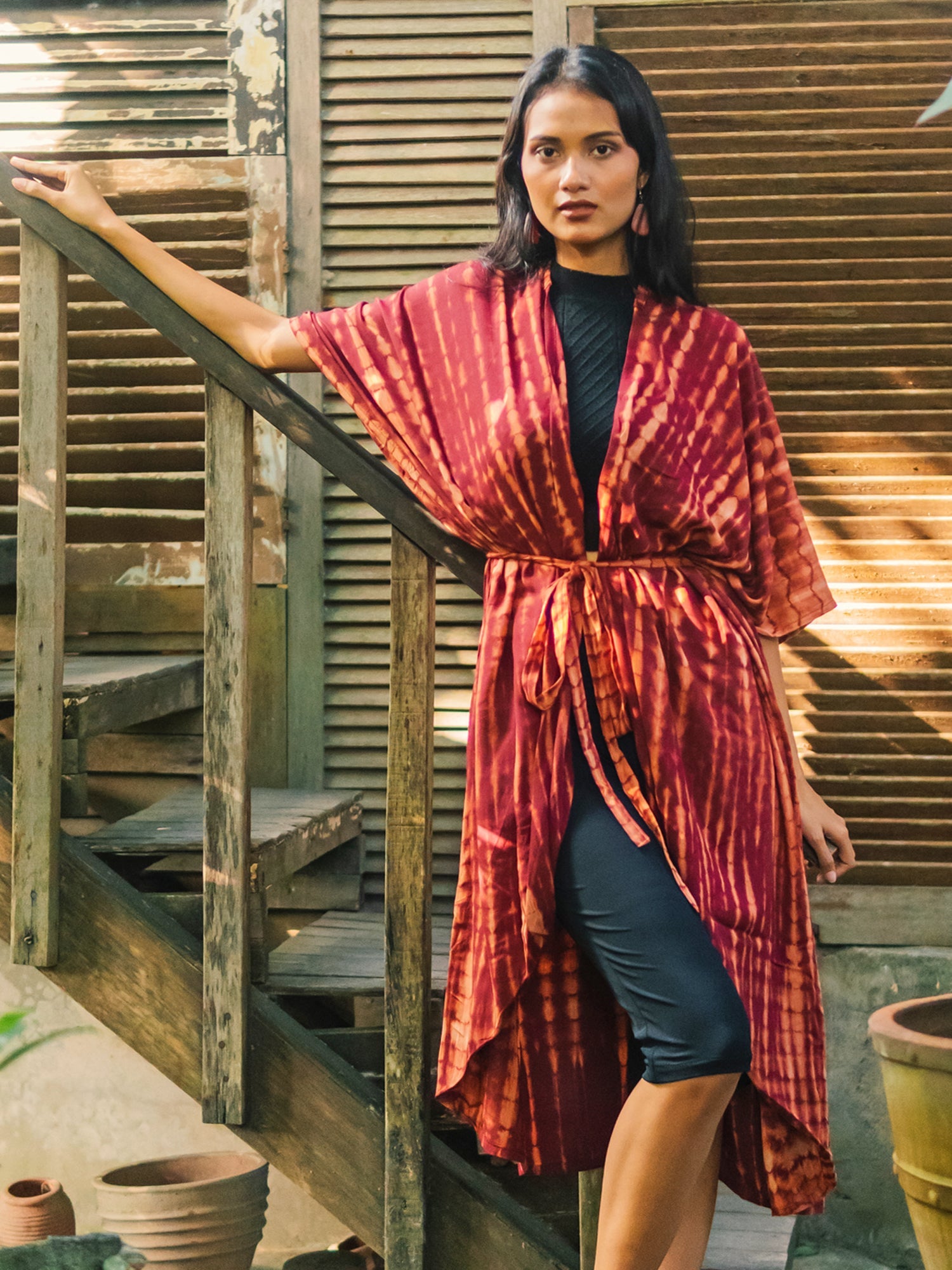 Tie Dye Kimono Maroon Gold for Effortless Bohemian Style - Shopthatapp.ca