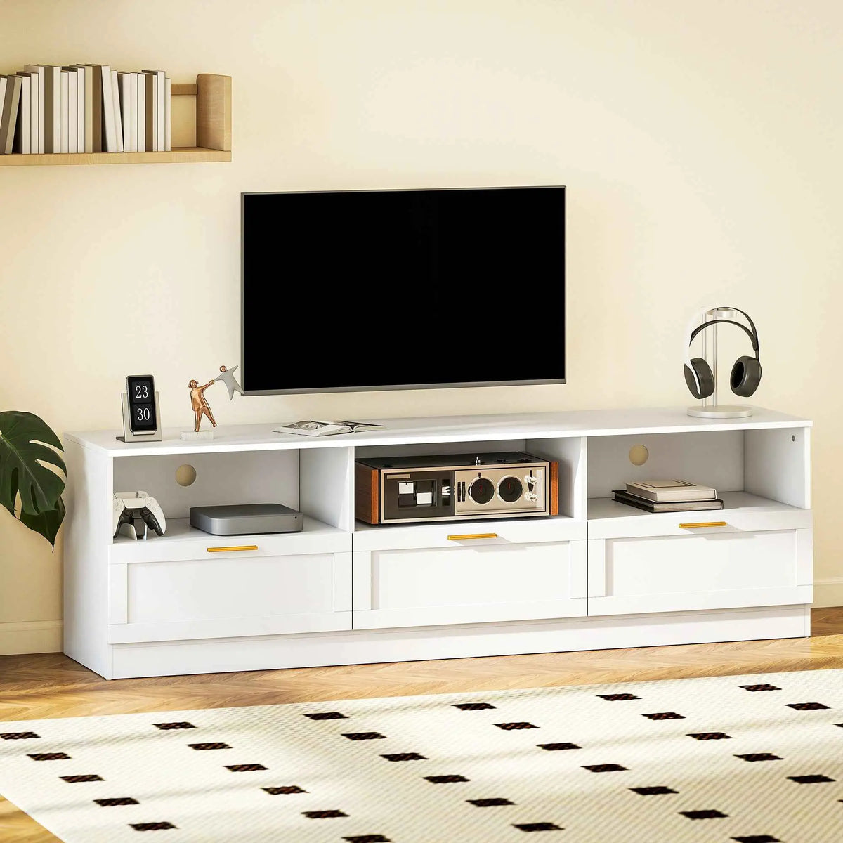 White Dallas modern TV stand with storage drawers, designed for TVs up to 85 inches, by SLOTH Nation, in a contemporary living room setting.