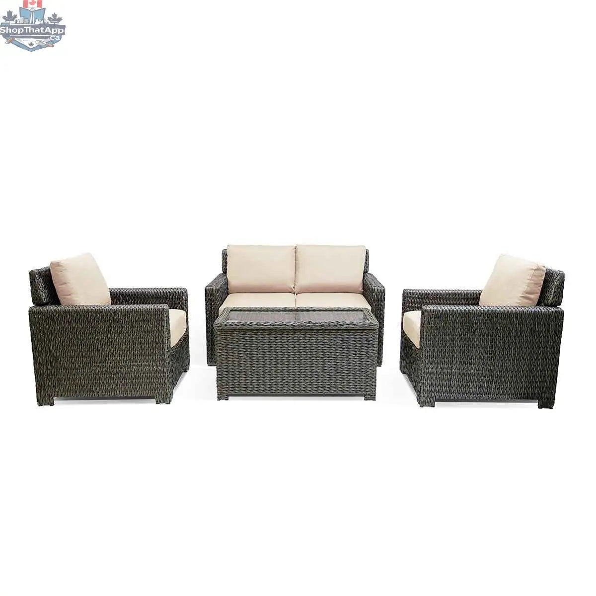 Krkacy Laguna Point wicker outdoor 5-piece conversational loveseat set with brown and sand cushions, perfect for patio lounging.