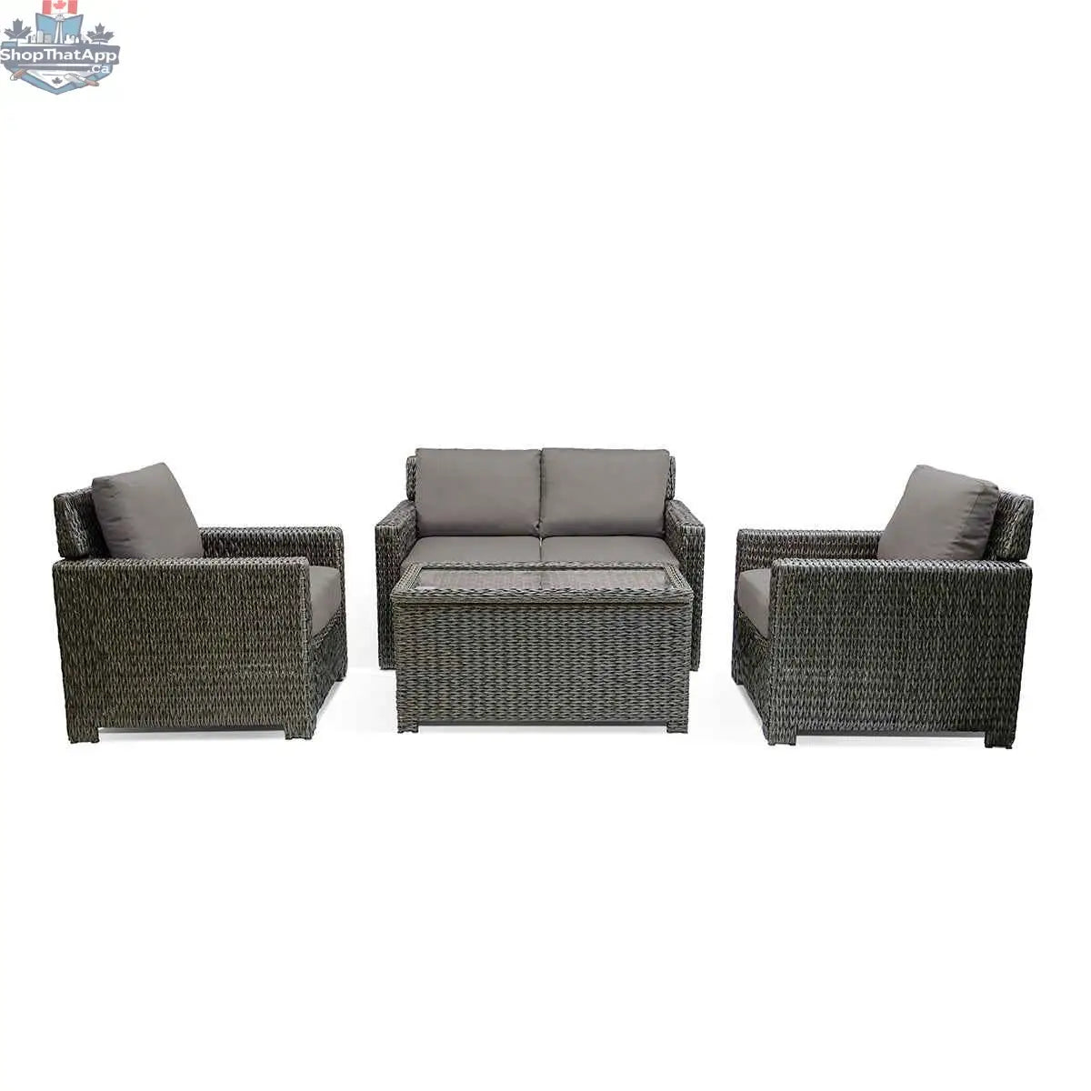 Krissy Laguna Point wicker outdoor 5-piece conversational loveseat set with brown wicker and slate cushions, perfect for patio lounging.