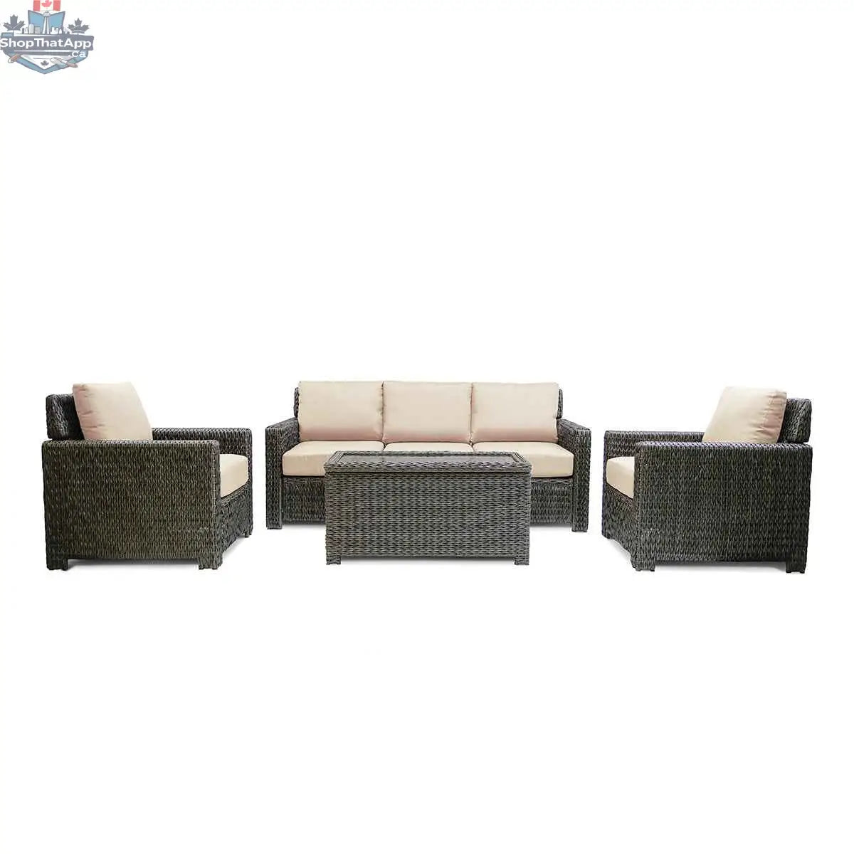 Krikacy Laguna Point outdoor wicker conversational set with four brown sand-colored cushioned seats and a matching coffee table.