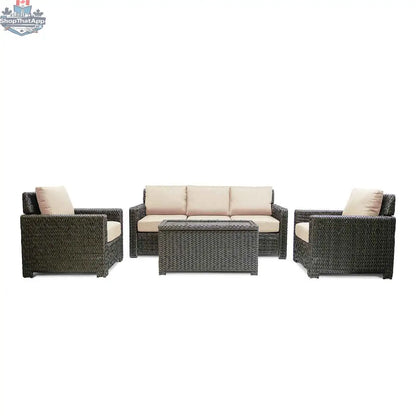 Krikacy Laguna Point outdoor wicker conversational set with four brown sand-colored cushioned seats and a matching coffee table.