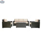 Krikacy Laguna Point outdoor wicker conversational set with four brown sand-colored cushioned seats and a matching coffee table.