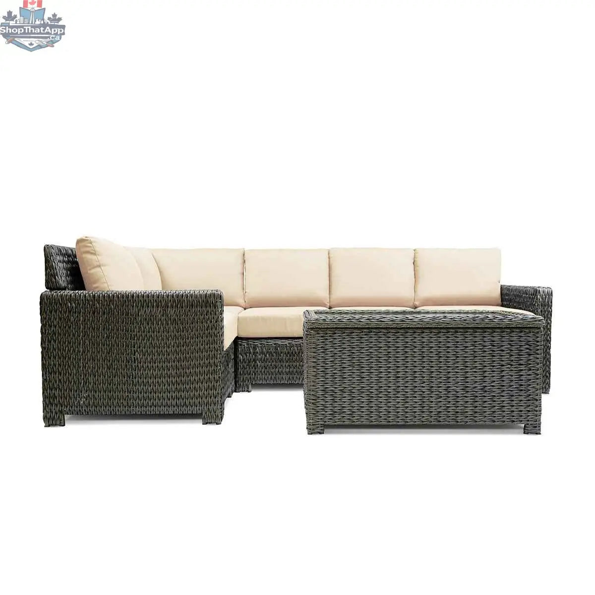 Krikacy Laguna Point 6-piece outdoor sectional set with wicker furniture and a coffee table in brown sand color.
