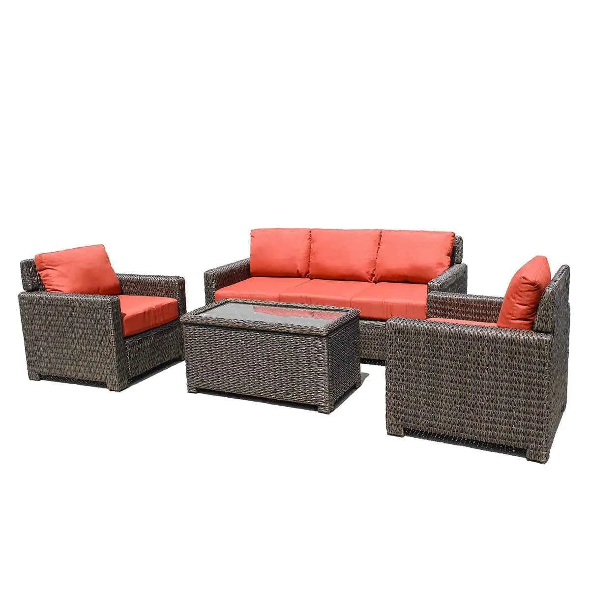 Krikacy Laguna Point outdoor wicker conversational set with brown wicker frames and orange cushions for stylish outdoor lounging.