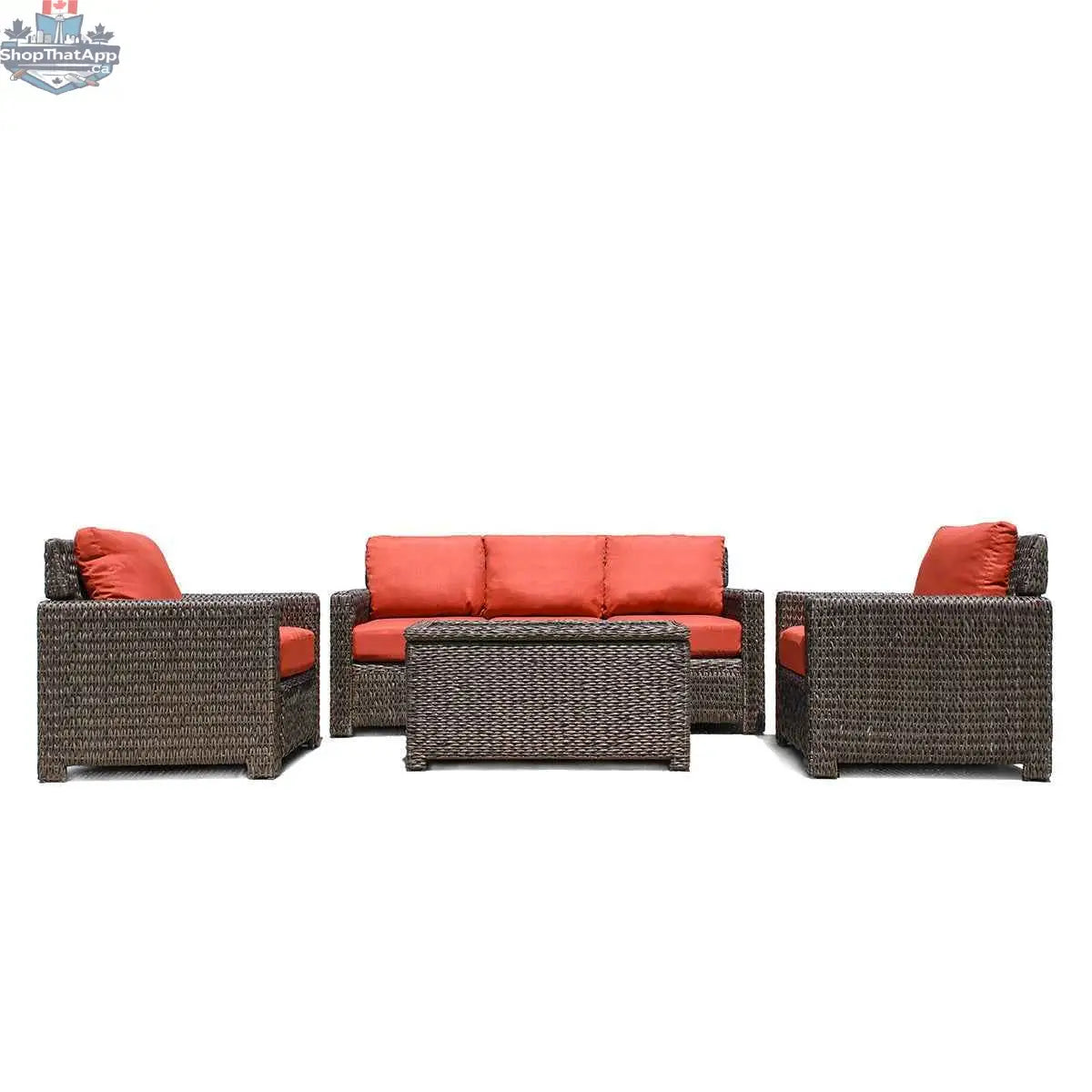Krikacy Laguna Point outdoor wicker conversational set with brown wicker frames and bright orange cushions, ideal for patio seating.