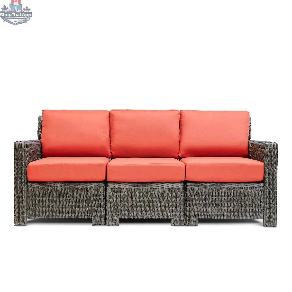 Krikacy Laguna Point outdoor wicker conversational set with brown wicker chairs and orange cushions, front view.