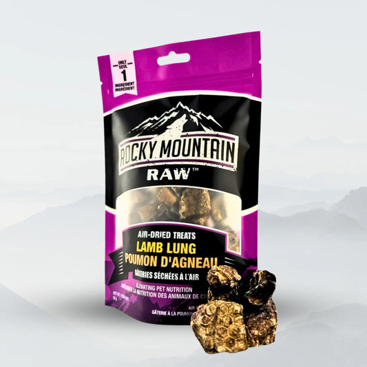 Raw Rocky Mountain Raw lamb lung treat for dogs, front view showing the natural dried lamb lung product.